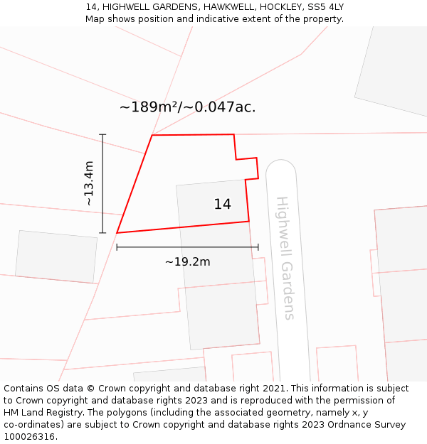 14, HIGHWELL GARDENS, HAWKWELL, HOCKLEY, SS5 4LY: Plot and title map