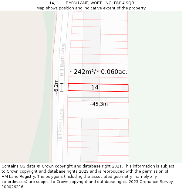 14, HILL BARN LANE, WORTHING, BN14 9QB: Plot and title map