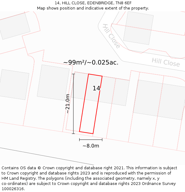 14, HILL CLOSE, EDENBRIDGE, TN8 6EF: Plot and title map