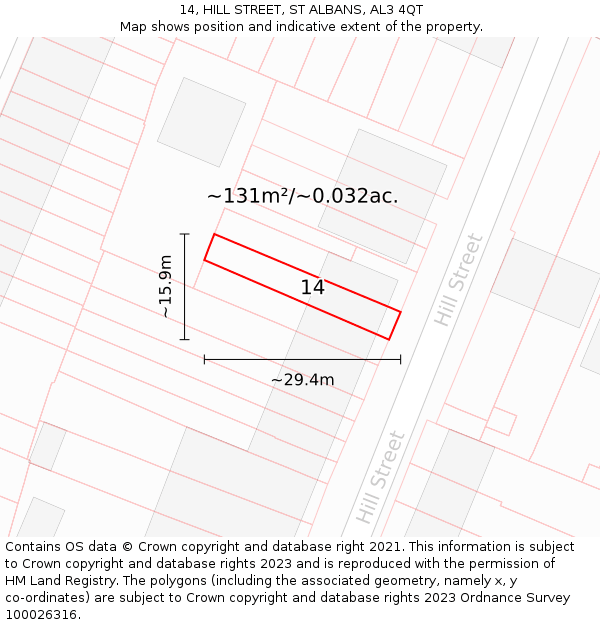 14, HILL STREET, ST ALBANS, AL3 4QT: Plot and title map