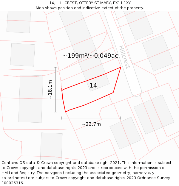 14, HILLCREST, OTTERY ST MARY, EX11 1XY: Plot and title map