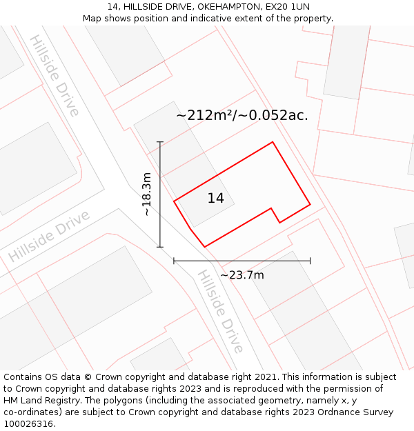 14, HILLSIDE DRIVE, OKEHAMPTON, EX20 1UN: Plot and title map