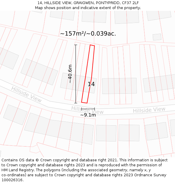 14, HILLSIDE VIEW, GRAIGWEN, PONTYPRIDD, CF37 2LF: Plot and title map