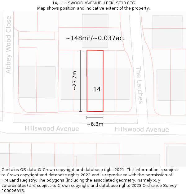 14, HILLSWOOD AVENUE, LEEK, ST13 8EG: Plot and title map