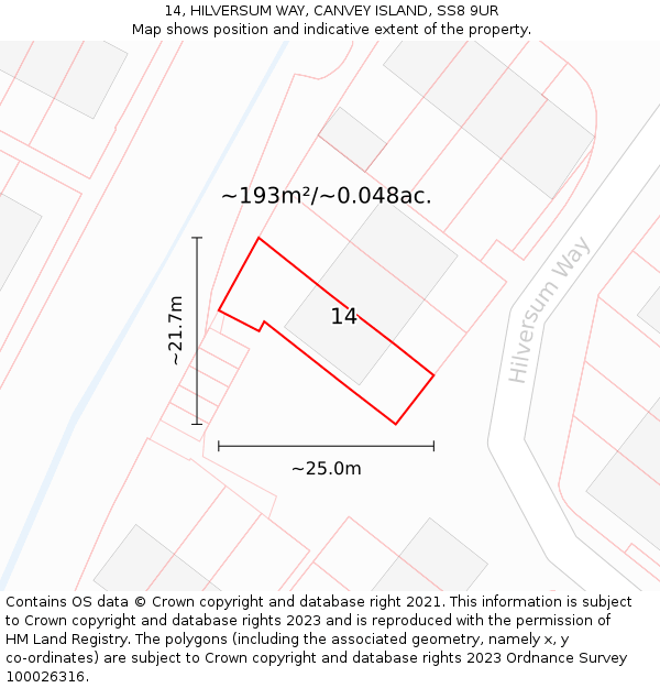 14, HILVERSUM WAY, CANVEY ISLAND, SS8 9UR: Plot and title map