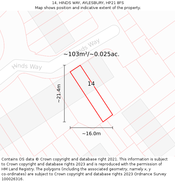 14, HINDS WAY, AYLESBURY, HP21 8FS: Plot and title map