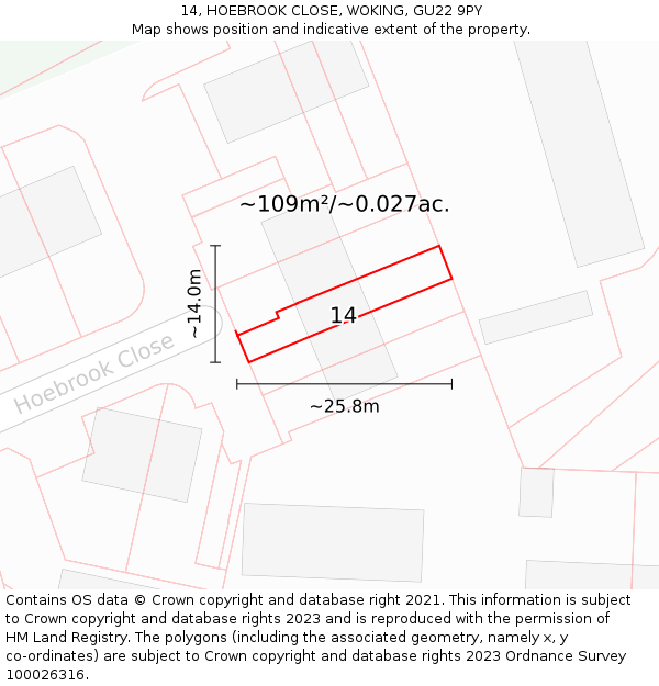 14, HOEBROOK CLOSE, WOKING, GU22 9PY: Plot and title map