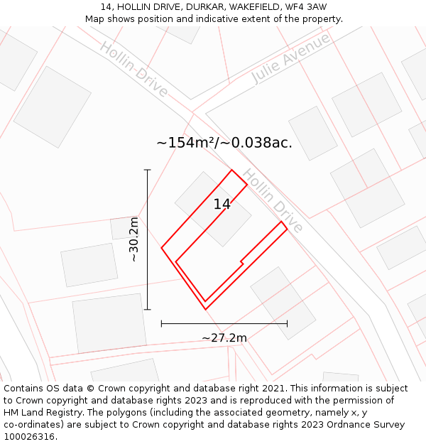 14, HOLLIN DRIVE, DURKAR, WAKEFIELD, WF4 3AW: Plot and title map