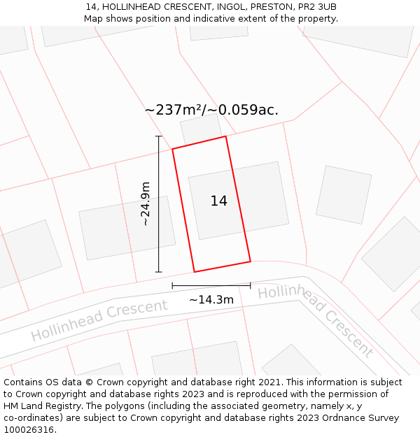 14, HOLLINHEAD CRESCENT, INGOL, PRESTON, PR2 3UB: Plot and title map