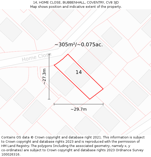 14, HOME CLOSE, BUBBENHALL, COVENTRY, CV8 3JD: Plot and title map