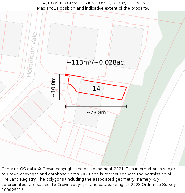 14, HOMERTON VALE, MICKLEOVER, DERBY, DE3 9DN: Plot and title map