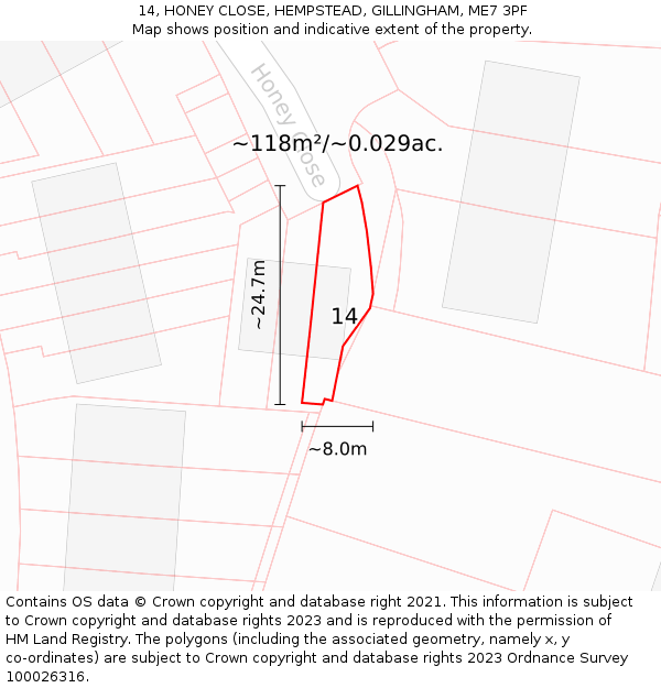 14, HONEY CLOSE, HEMPSTEAD, GILLINGHAM, ME7 3PF: Plot and title map