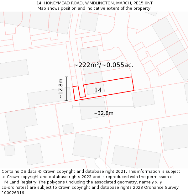 14, HONEYMEAD ROAD, WIMBLINGTON, MARCH, PE15 0NT: Plot and title map