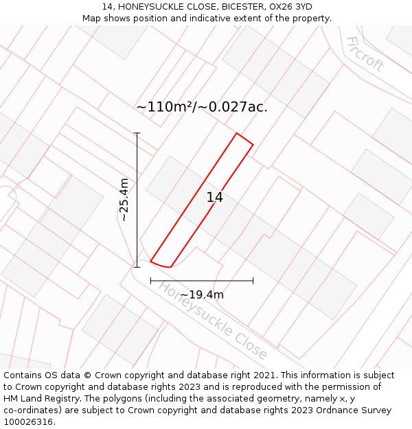 14, HONEYSUCKLE CLOSE, BICESTER, OX26 3YD: Plot and title map