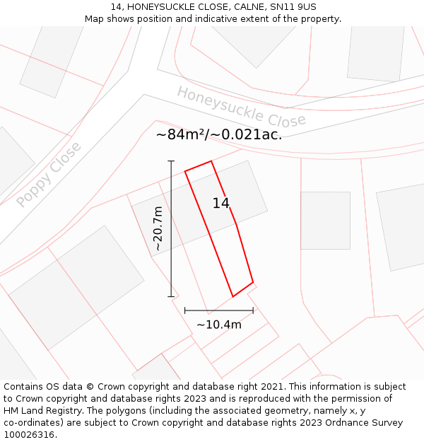 14, HONEYSUCKLE CLOSE, CALNE, SN11 9US: Plot and title map