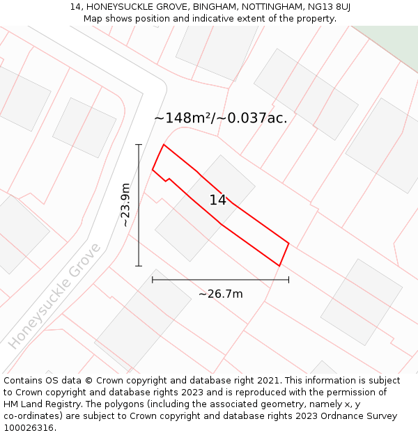 14, HONEYSUCKLE GROVE, BINGHAM, NOTTINGHAM, NG13 8UJ: Plot and title map