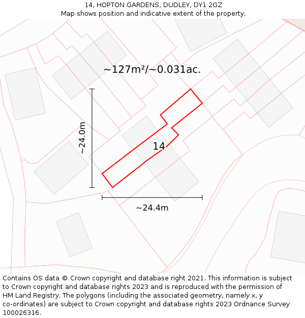 14, HOPTON GARDENS, DUDLEY, DY1 2GZ: Plot and title map