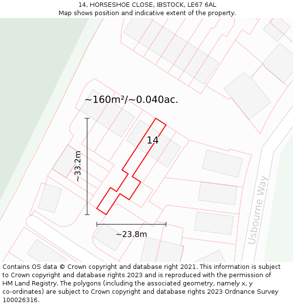 14, HORSESHOE CLOSE, IBSTOCK, LE67 6AL: Plot and title map