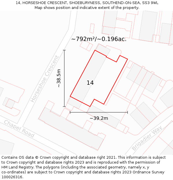 14, HORSESHOE CRESCENT, SHOEBURYNESS, SOUTHEND-ON-SEA, SS3 9WL: Plot and title map