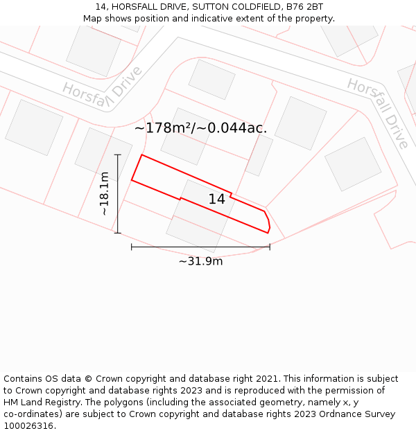 14, HORSFALL DRIVE, SUTTON COLDFIELD, B76 2BT: Plot and title map