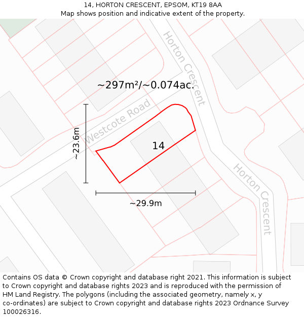 14, HORTON CRESCENT, EPSOM, KT19 8AA: Plot and title map