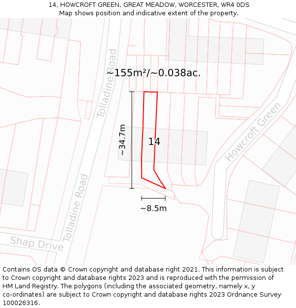 14, HOWCROFT GREEN, GREAT MEADOW, WORCESTER, WR4 0DS: Plot and title map