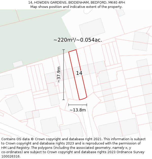 14, HOWDEN GARDENS, BIDDENHAM, BEDFORD, MK40 4PH: Plot and title map