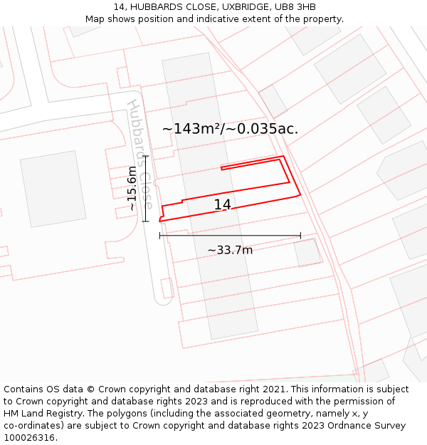 14, HUBBARDS CLOSE, UXBRIDGE, UB8 3HB: Plot and title map