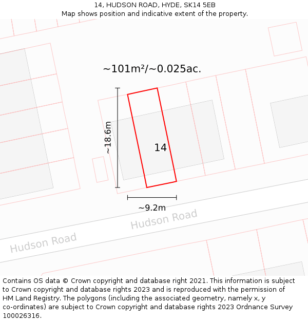 14, HUDSON ROAD, HYDE, SK14 5EB: Plot and title map