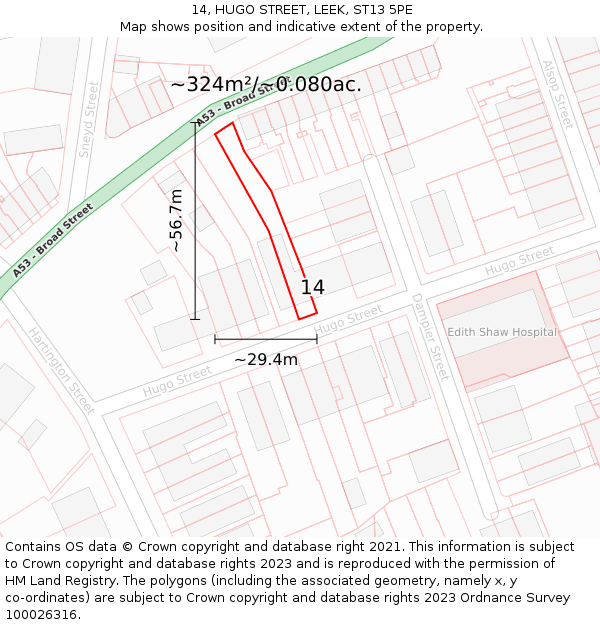 14, HUGO STREET, LEEK, ST13 5PE: Plot and title map