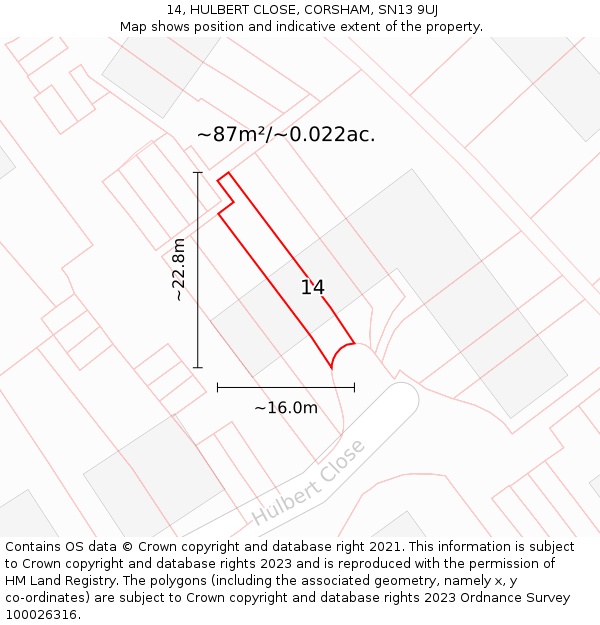 14, HULBERT CLOSE, CORSHAM, SN13 9UJ: Plot and title map