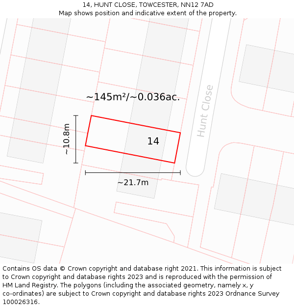 14, HUNT CLOSE, TOWCESTER, NN12 7AD: Plot and title map