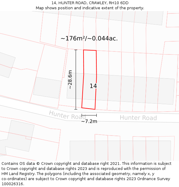 14, HUNTER ROAD, CRAWLEY, RH10 6DD: Plot and title map