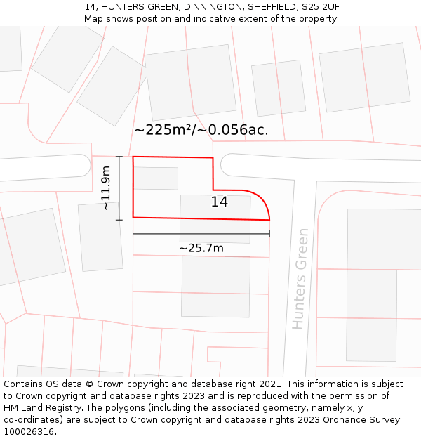 14, HUNTERS GREEN, DINNINGTON, SHEFFIELD, S25 2UF: Plot and title map