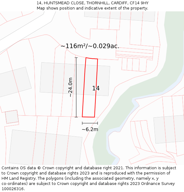14, HUNTSMEAD CLOSE, THORNHILL, CARDIFF, CF14 9HY: Plot and title map