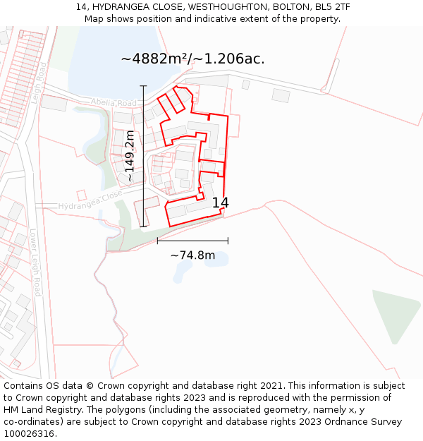 14, HYDRANGEA CLOSE, WESTHOUGHTON, BOLTON, BL5 2TF: Plot and title map