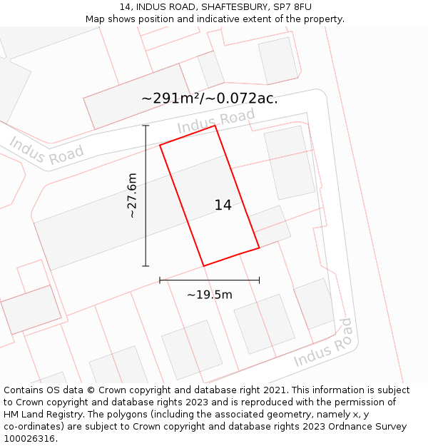 14, INDUS ROAD, SHAFTESBURY, SP7 8FU: Plot and title map