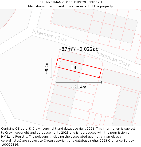 14, INKERMAN CLOSE, BRISTOL, BS7 0XU: Plot and title map