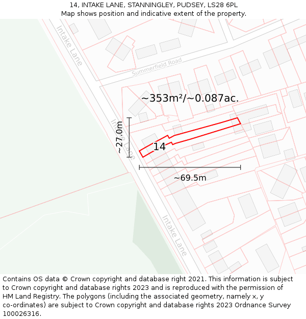 14, INTAKE LANE, STANNINGLEY, PUDSEY, LS28 6PL: Plot and title map