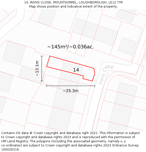 14, IRONS CLOSE, MOUNTSORREL, LOUGHBOROUGH, LE12 7YR: Plot and title map
