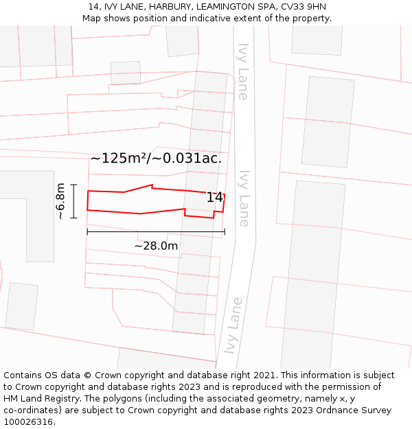 14, IVY LANE, HARBURY, LEAMINGTON SPA, CV33 9HN: Plot and title map