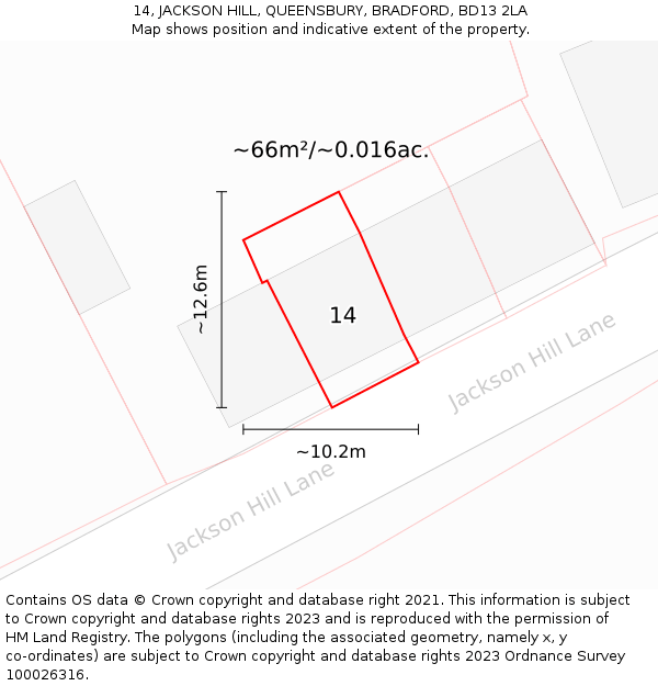 14, JACKSON HILL, QUEENSBURY, BRADFORD, BD13 2LA: Plot and title map