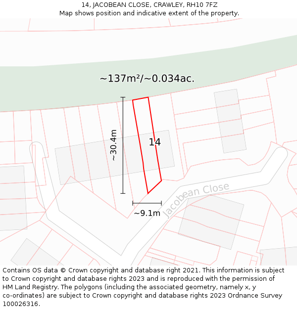 14, JACOBEAN CLOSE, CRAWLEY, RH10 7FZ: Plot and title map