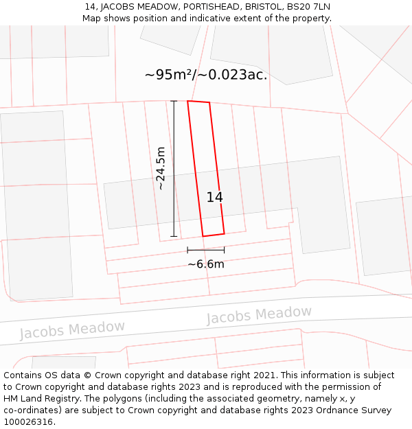 14, JACOBS MEADOW, PORTISHEAD, BRISTOL, BS20 7LN: Plot and title map