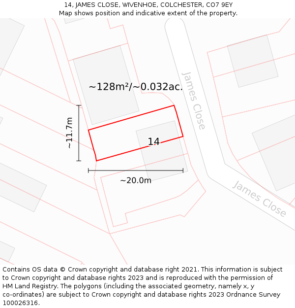 14, JAMES CLOSE, WIVENHOE, COLCHESTER, CO7 9EY: Plot and title map