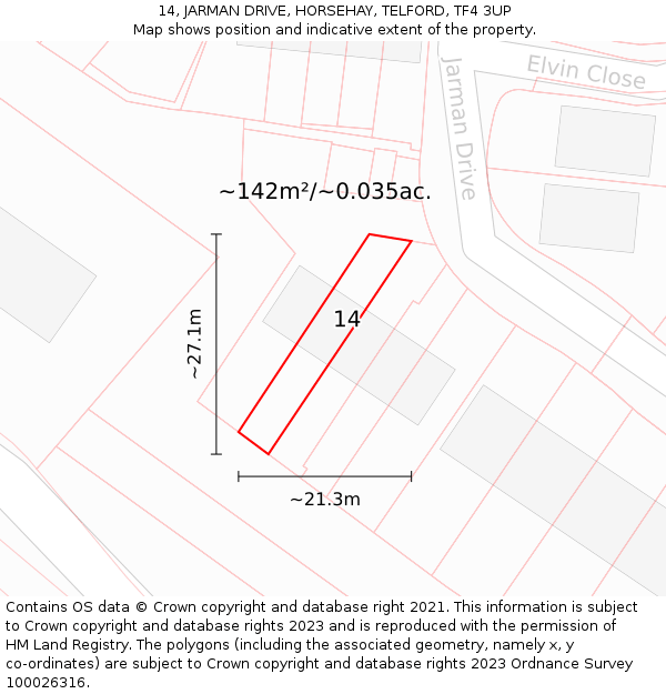14, JARMAN DRIVE, HORSEHAY, TELFORD, TF4 3UP: Plot and title map
