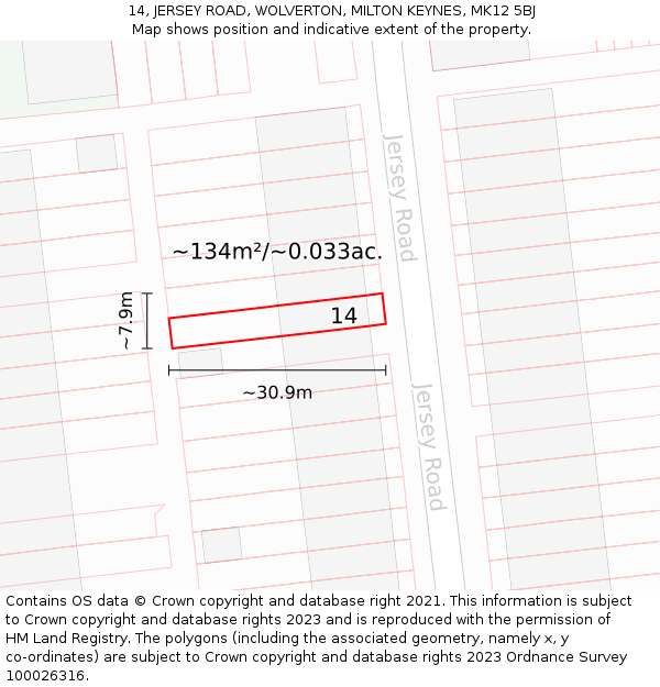 14, JERSEY ROAD, WOLVERTON, MILTON KEYNES, MK12 5BJ: Plot and title map