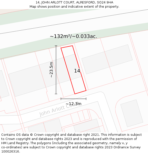 14, JOHN ARLOTT COURT, ALRESFORD, SO24 9HA: Plot and title map