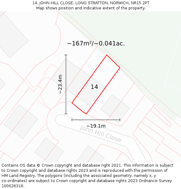14, JOHN HILL CLOSE, LONG STRATTON, NORWICH, NR15 2PT: Plot and title map
