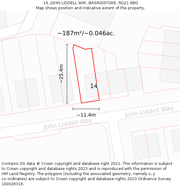 14, JOHN LIDDELL WAY, BASINGSTOKE, RG21 6BG: Plot and title map